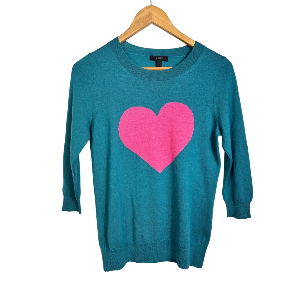 J.Crew‎ Teal Blue Pink Heart Pullover Sweater Womens Small 3/4 Sleeve Crew Neck